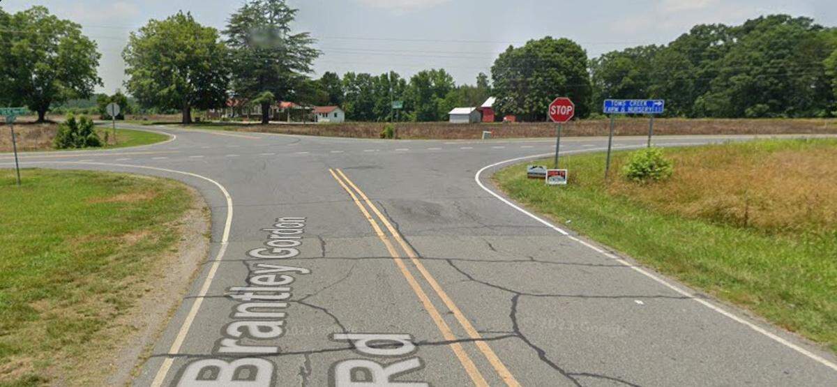 A screenshot of the intersection of Brantley Gordon Road and Old North Carolina Highway 49 in Randolph County. Helen Garner attempted to cross the intersection when she was hit by Trooper Carson Underwood.