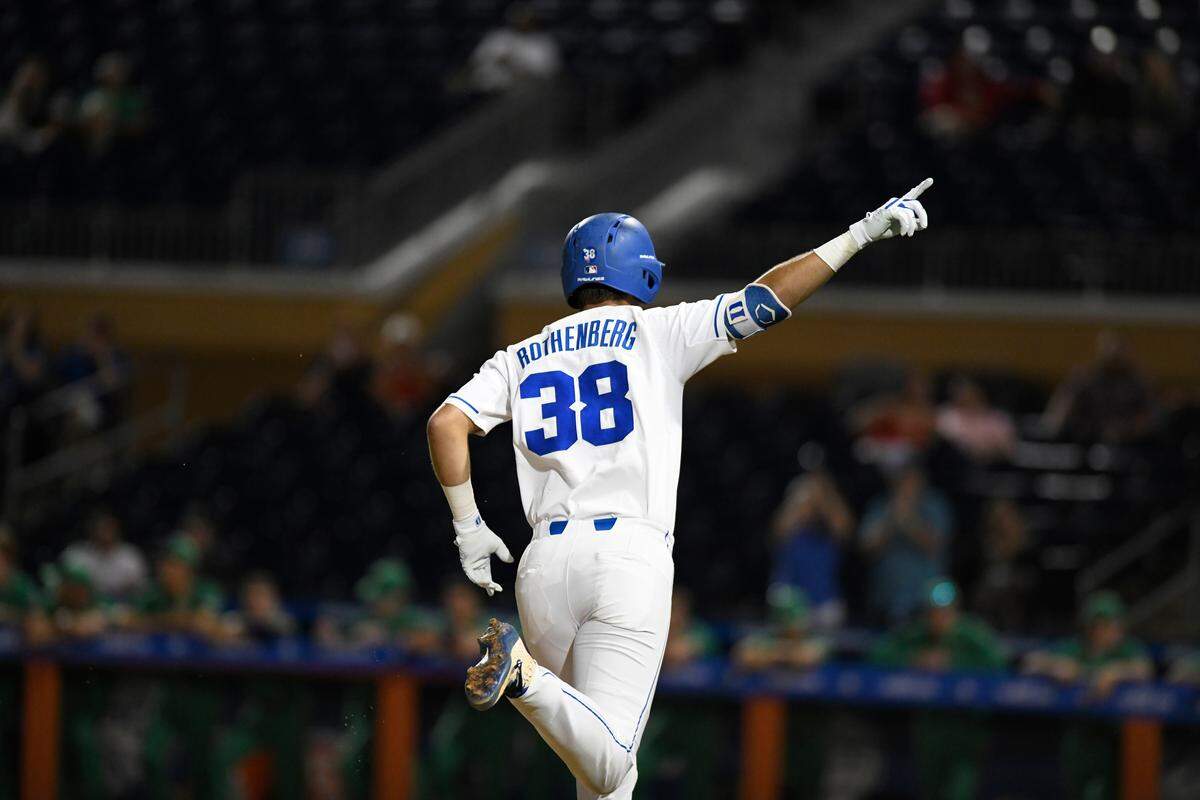 Duke’s Michael Rothenberg (38) celebrates hitting a grand slam against Notre Dame at the 2019 ACC Baseball Tournament in Durham, N.C., Tuesday, May 21, 2019.