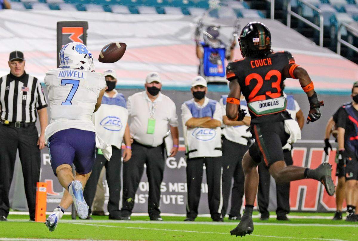 Miami Hurricanes cornerback Isaiah Dunson (29) watches as North Carolina Tar Heels quarterback Sam Howell (7) catches a touchdown pass at Hard Rock Stadium In Miami Gardens, Florida, Saturday, December 12, 2020.