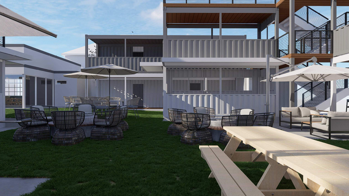 This rendering by Olive Architecture shows plans for a new bar made of shipping containers under construction in downtown Raleigh, North Carolina.