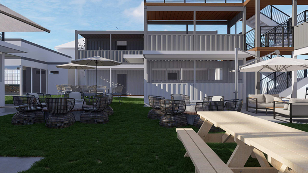 This rendering by Olive Architecture shows plans for a new bar made of shipping containers under construction in downtown Raleigh, North Carolina.