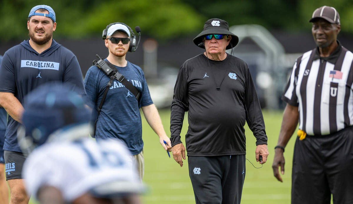 North Carolina coach Mack Brown watches his team during practice on Tuesday, August 6, 2024 in Chapel Hill, N.C.
