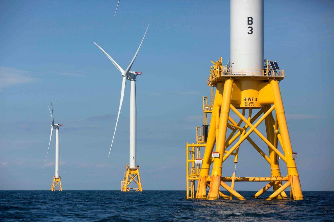 This photo from Aug. 15, 2016, shows offshore wind turbines near Block Island, R.I.