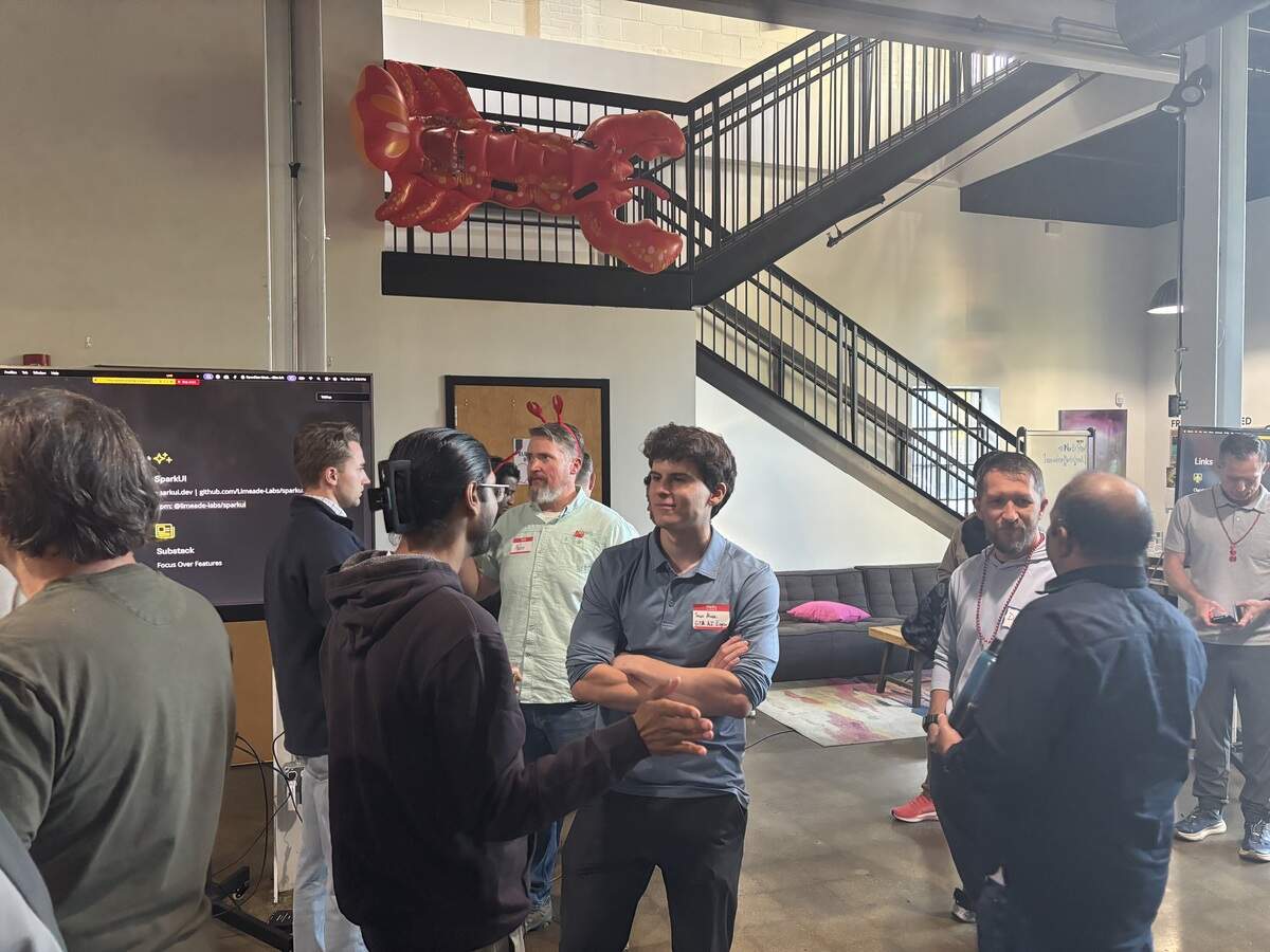 Attendees mingle at an OpenClaw meetup event at Raleigh Founded - North Street on April 9, 2026.