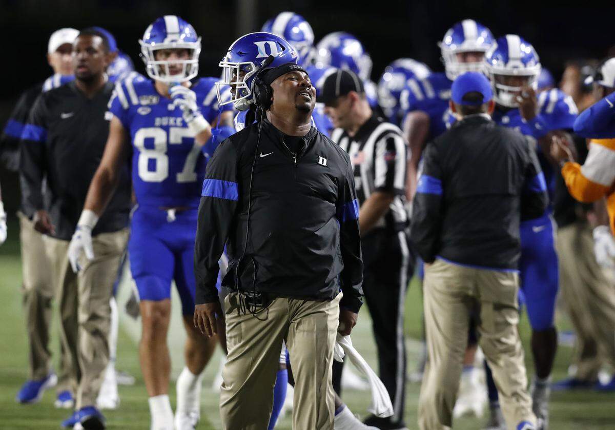 Duke wide receiver coach Trooper Taylor reacts after the two-point conversation was negated because of an “inadvertent signal” iduring the second half of Pittsburgh’s 33-30 victory over Duke at Wallace Wade Stadium in Durham, N.C., Saturday, Oct. 5, 2019.