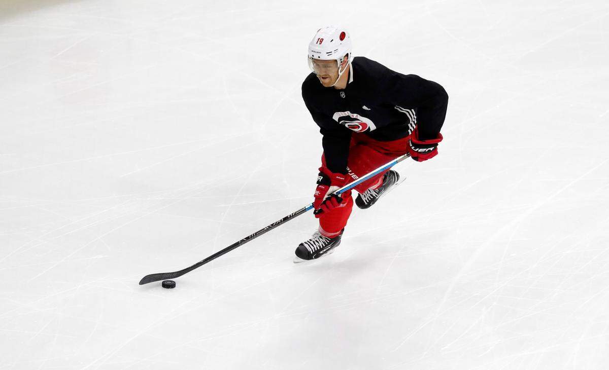 Carolina defenseman Dougie Hamilton (19) heads down the ice during the Carolina Hurricanes’ on-ice workouts at PNC Arena in Raleigh, N.C., Monday, July 13, 2020.