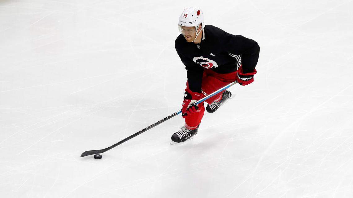 Carolina defenseman Dougie Hamilton (19) heads down the ice during the Carolina Hurricanes’ on-ice workouts at PNC Arena in Raleigh, N.C., Monday, July 13, 2020.