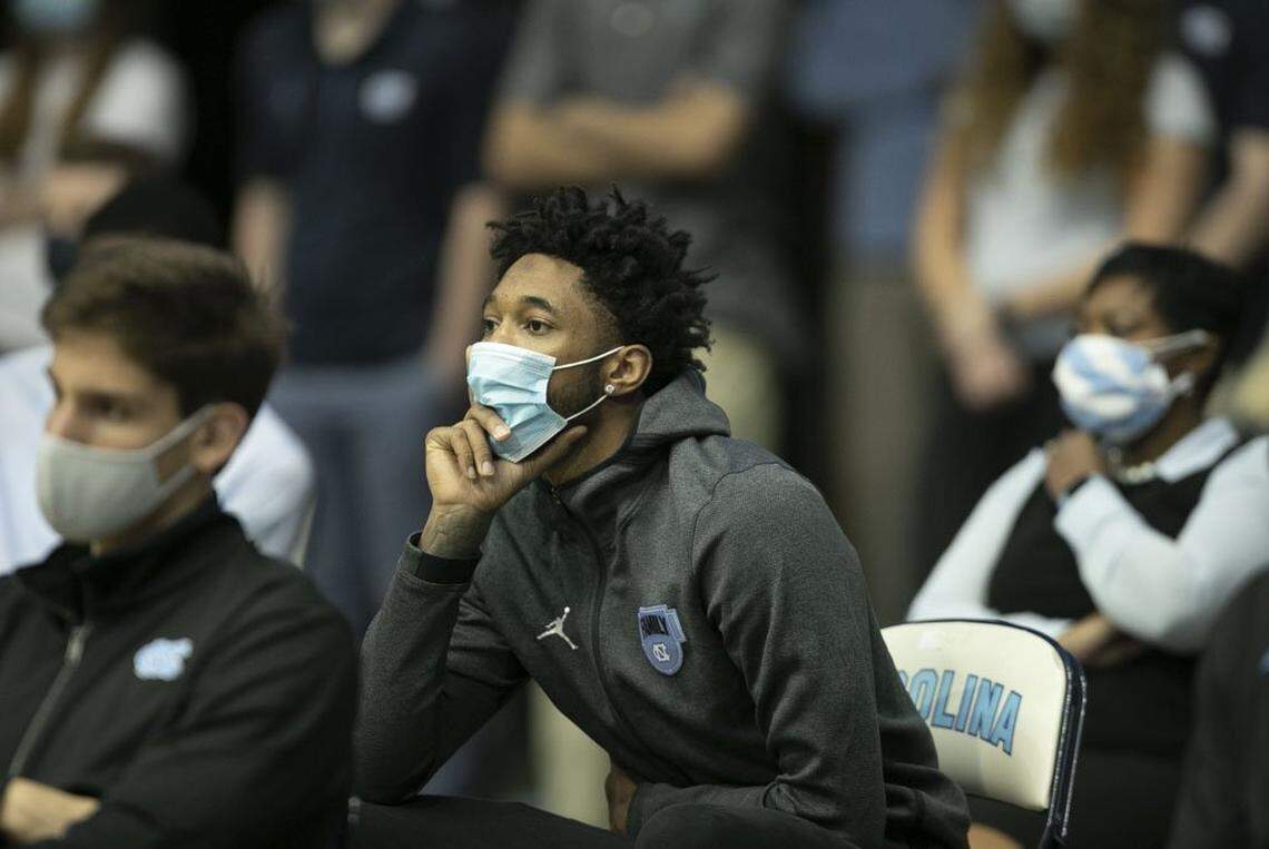 North Carolinas Leaky Black watches as coach Roy Williams announces his retirement on Thursday, April 1, 2021 at the Smith Center in Chapel Hill, N.C.