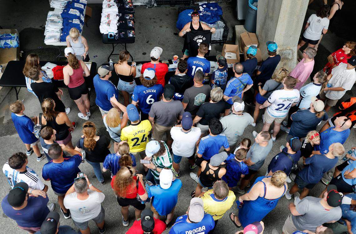 Fans line up to buy merchandise before Chelsea FC’s international friendly match against Wrexham FC at Kenan Stadium in Chapel Hill, N.C., Wednesday, July 19, 2023.