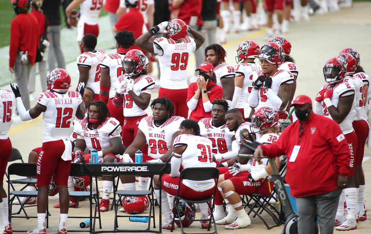 N.C. State’s defense watches during the first half of their game against Pitt at Hienz Field in Pittsburgh, PA on October 3, 2020.