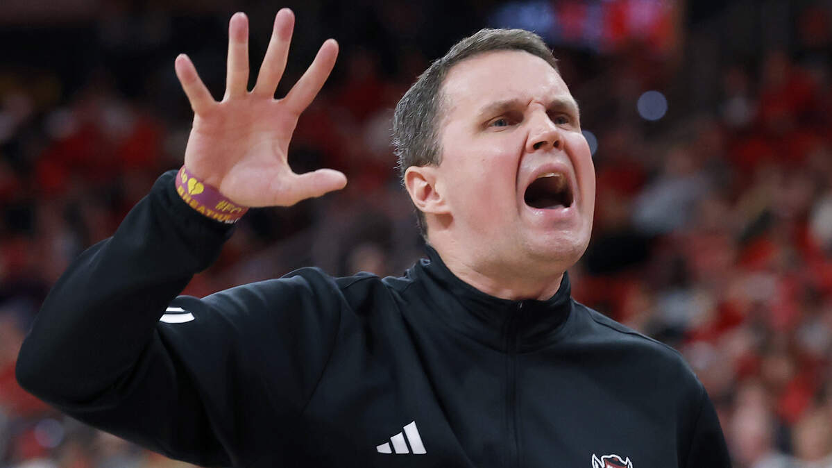 N.C. State head coach Will Wade speaks with his team during the second half of the Wolfpack’s 78-74 loss to Georgia Tech on Saturday, Jan. 17, 2026, at Lenovo Center in Raleigh, N.C. 