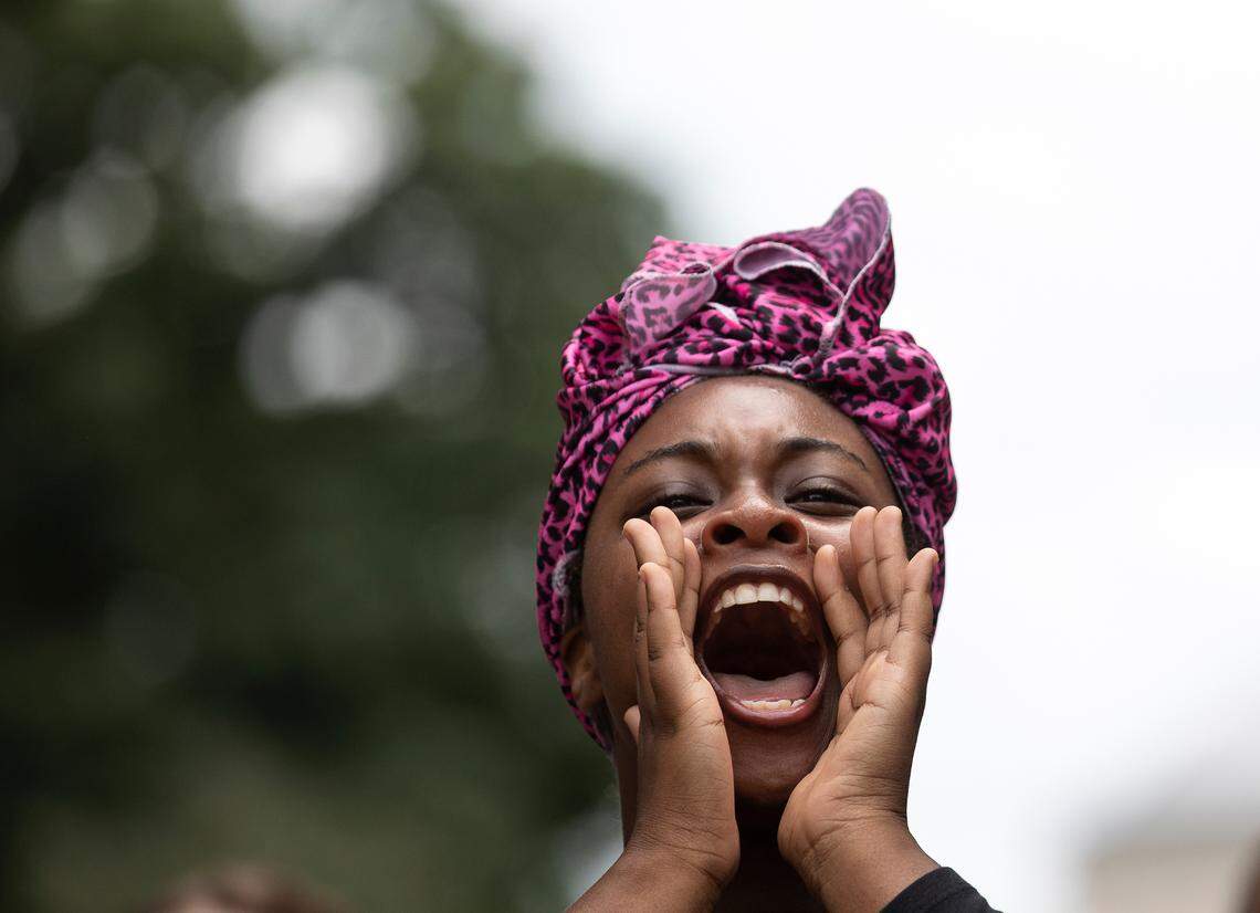 UNC-Chapel Hill junior Jayla Twitty reacts during a rally on the university quad in support of gun control on Wednesday, Aug. 30, 2023. A graduate student has been charged with first-degree murder following a Monday shooting that left a faculty member dead on the university’s campus.