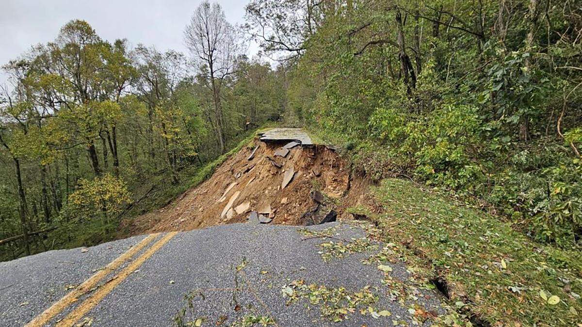 A washed out section of the Blue Ridge Parkway at milepost 336.