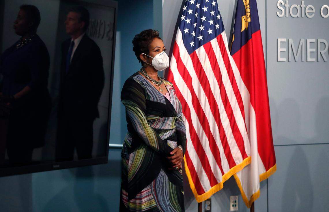 Machelle Sanders, Secretary of the North Carolina Department of Administration, listens during a briefing at the Emergency Operations Center in Raleigh, N.C., Thursday, June 4, 2020.