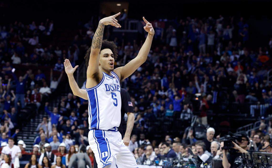 Duke’s Tyrese Proctor (5) celebrates after hitting a three-pointer during the second half of Duke’s 85-65 victory over Alabama in their Elite 8 game in the 2025 NCAA Men’s Basketball Championship at the Prudential Center in Newark, N.J., Saturday, March 29, 2025.