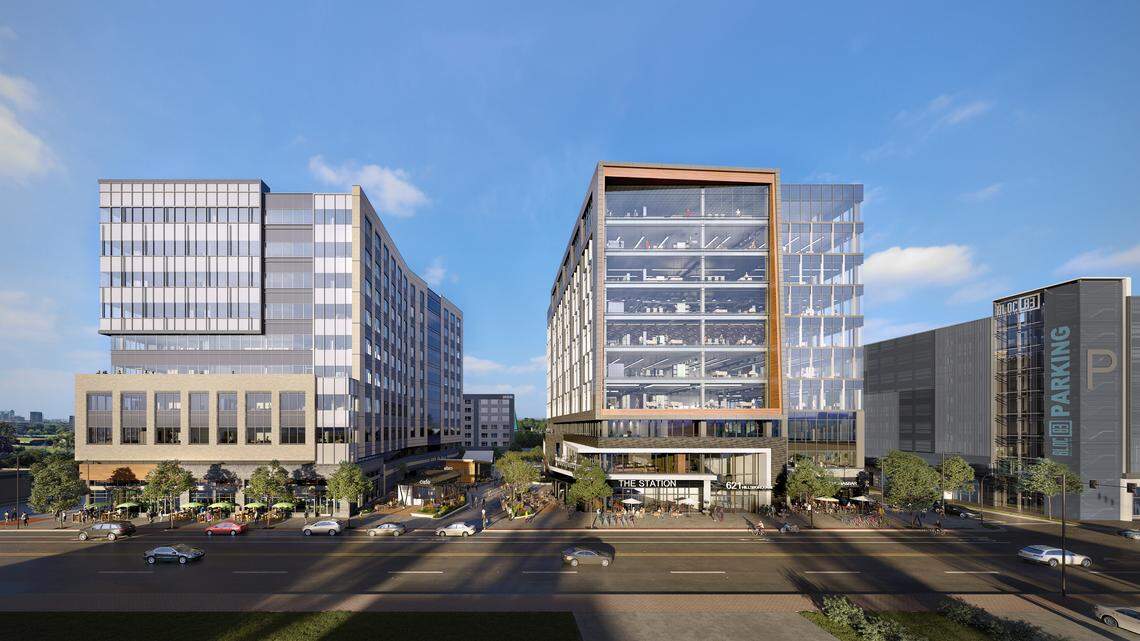A rendering of the Hillsborough Street side of One Glenwood, Tower Two, and the adjacent parking garage of Bloc[83].