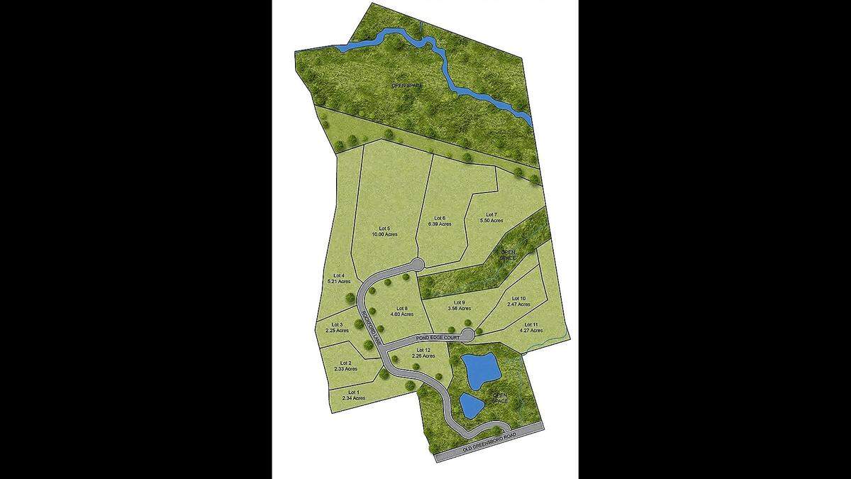 A site plan for the Rockford neighborhood on Old Greensboro Road in Orange County shows 12 large lots surrounded by trees, a creek and an old farm pond.