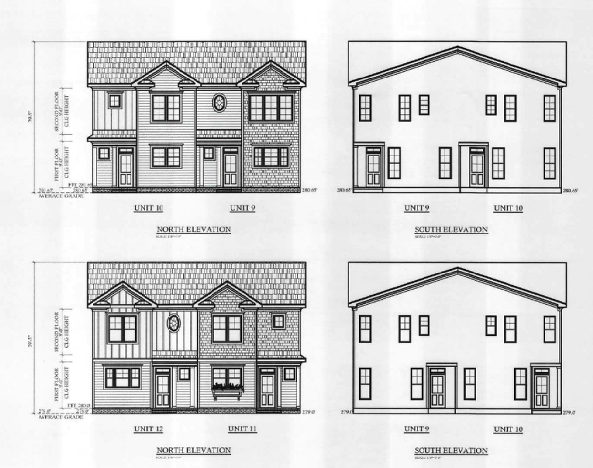 Renderings of a 16-unit townhome community at 2501 Poole Road in Raleigh’s King Charles neighborhood. The project is facing opposition from its neighbors, Raleigh Counrty Club.