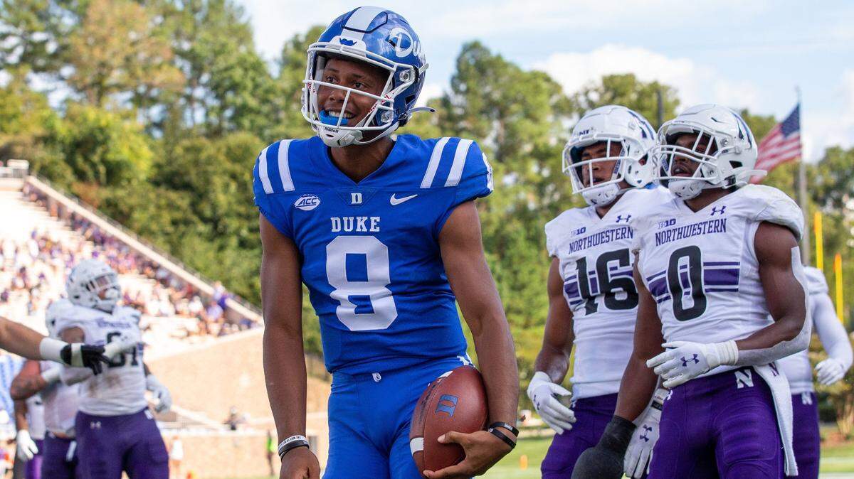 Duke’s Jordan Moore (8) celebrates after carrying the ball for a touchdown during the first half of and NCAA football game in Durham, N.C., Saturday, September 18, 2021.