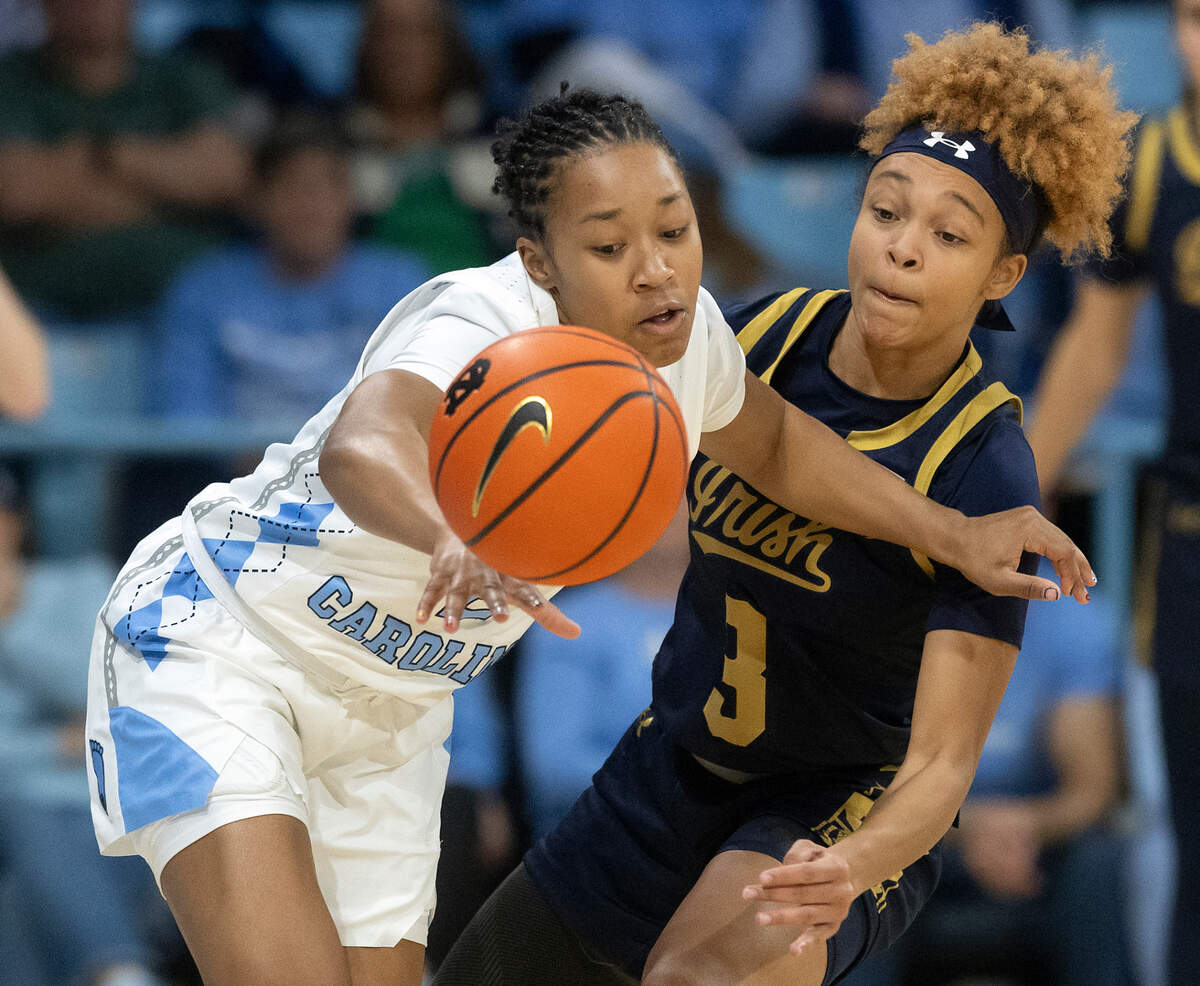 Notre Dame’s Hannah Hidalgo pressures North Carolina’s Grace Townsend during the second half of the Tar Heels’ 76-66 loss on Sunday, Jan. 5, 2025, at Carmichael Arena in Chapel Hill, N.C.