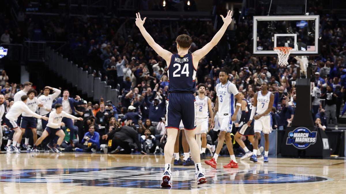 UConn’s Braylon Mullins (24) celebrates making a three-pointer in the final second of UConn’s 73-72 victory over Duke in the NCAA Men’s Tournament East Regional Final at Capital One Arena in Washington, D.C., Sunday, March 29, 2026.