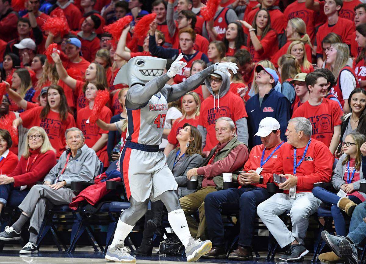 Mississippi mascot Landshark Tony gestures to the crowd during the first half of an NCAA college basketball game between Mississippi and LSU in Oxford, Miss., Tuesday, Jan. 15, 2019.