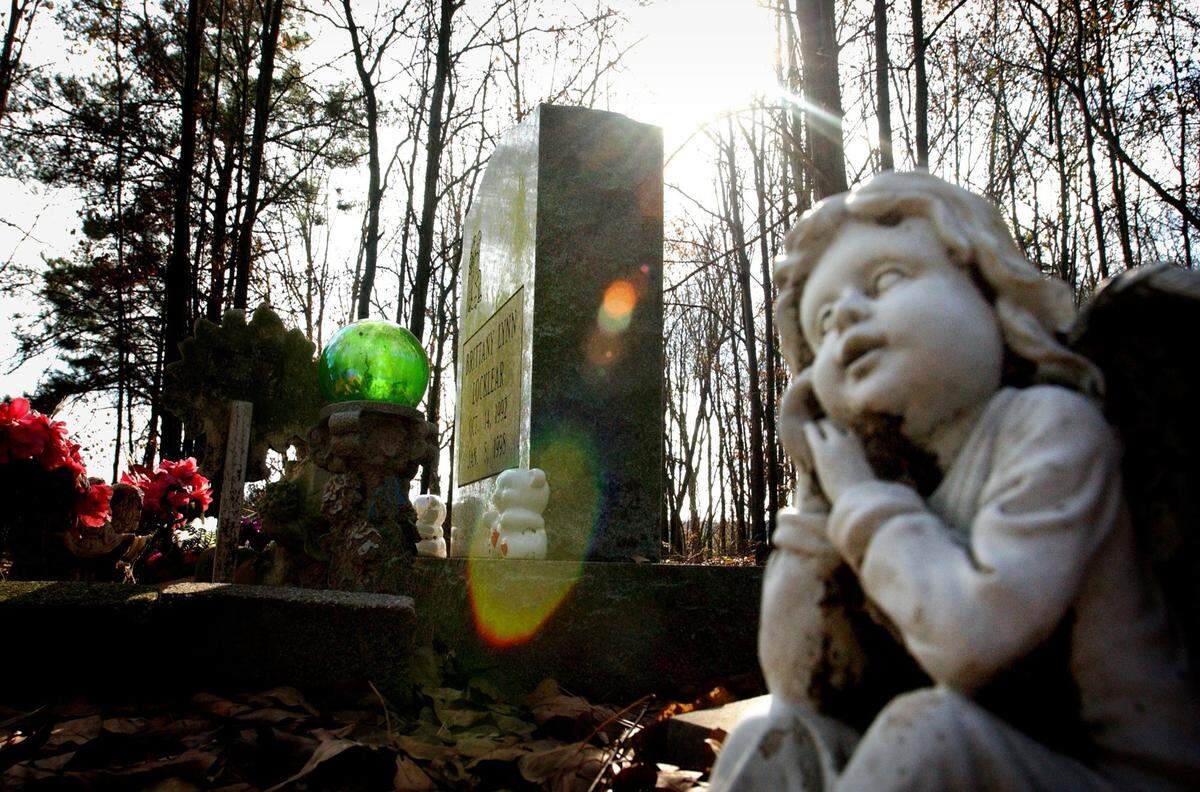 Flowers and angel statues decorate Brittany Locklear’s grave, Jan. 7, 2006, in Raeford, N.C. Locklear was abducted of Jan. 7, 1998, from the end of her driveway and killed, her torn, drowned body found in a drainage ditch three miles from her home.