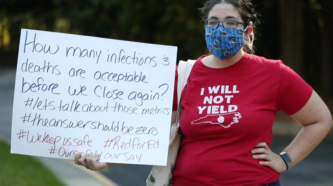Cassandra McClellan from Apex Friendship High School joined fellow teachers to show opposition to Wake County’s proposed reopening of schools for in-person learning outside the Wake County Public Schools’ building on Dillard Drive in Cary, N.C. on Tuesday, October 6, 2020.