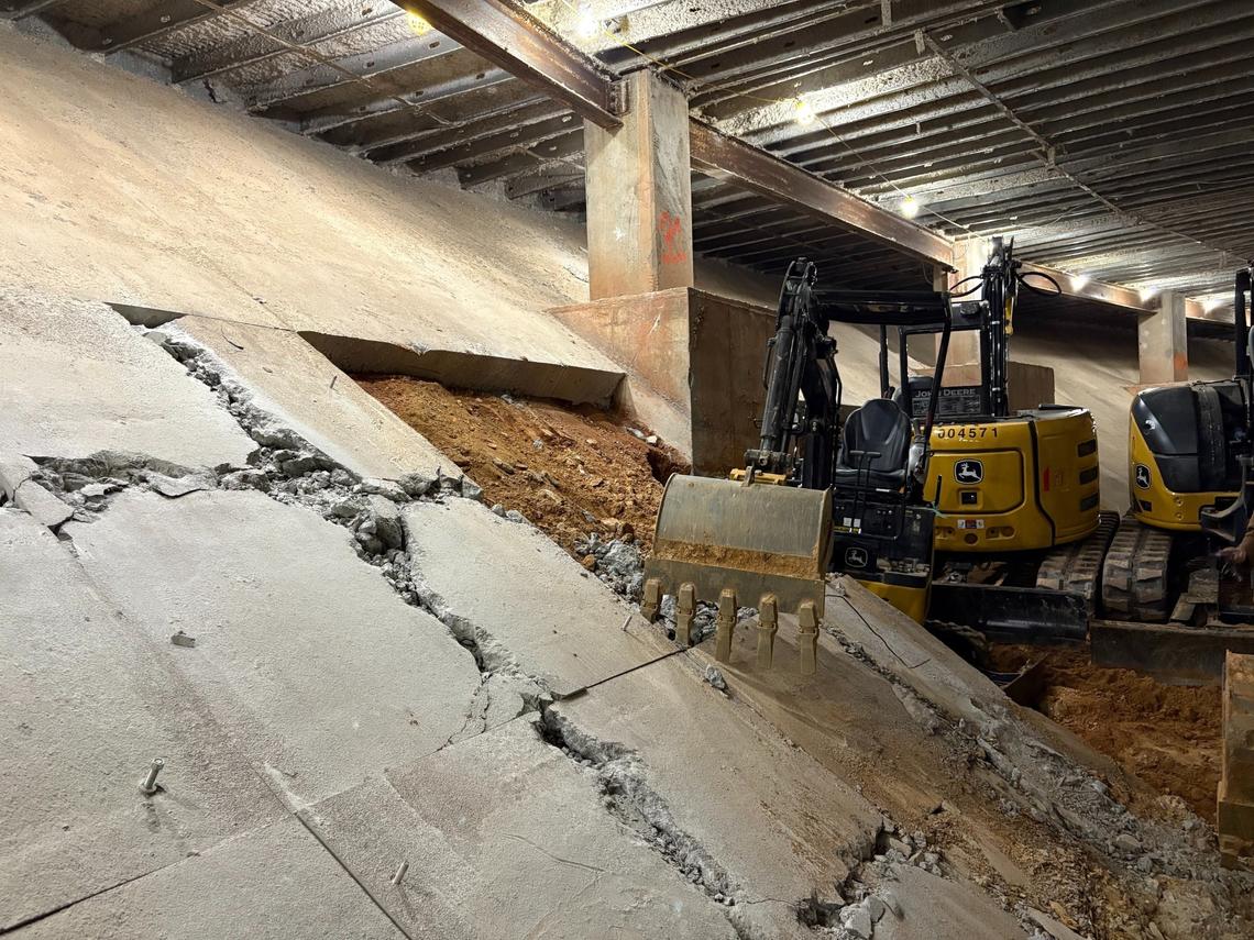Work to chip away the concrete “rat slab” under Lenovo Center has to be conducted between 11 p.m. and 7 a.m. to avoid disturbing arena workers. Contractors are carving new spaces for mechanical equipment as part of the first phase of $300 million in renovations.