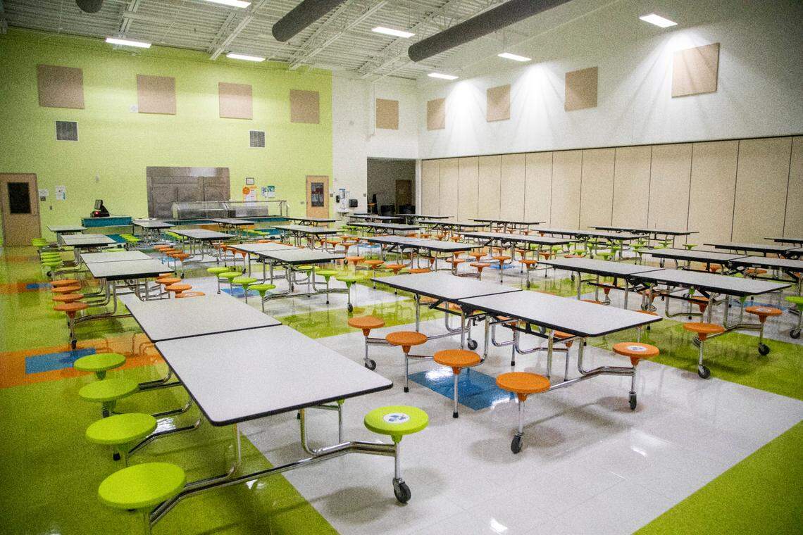 Hortons Creek Elementary School cafeteria in Cary sits empty Friday, Oct. 23, 2020. Some Wake County Elementary students will return the classroom on Monday for the first time since schools closed in March due to the coronavirus pandemic.