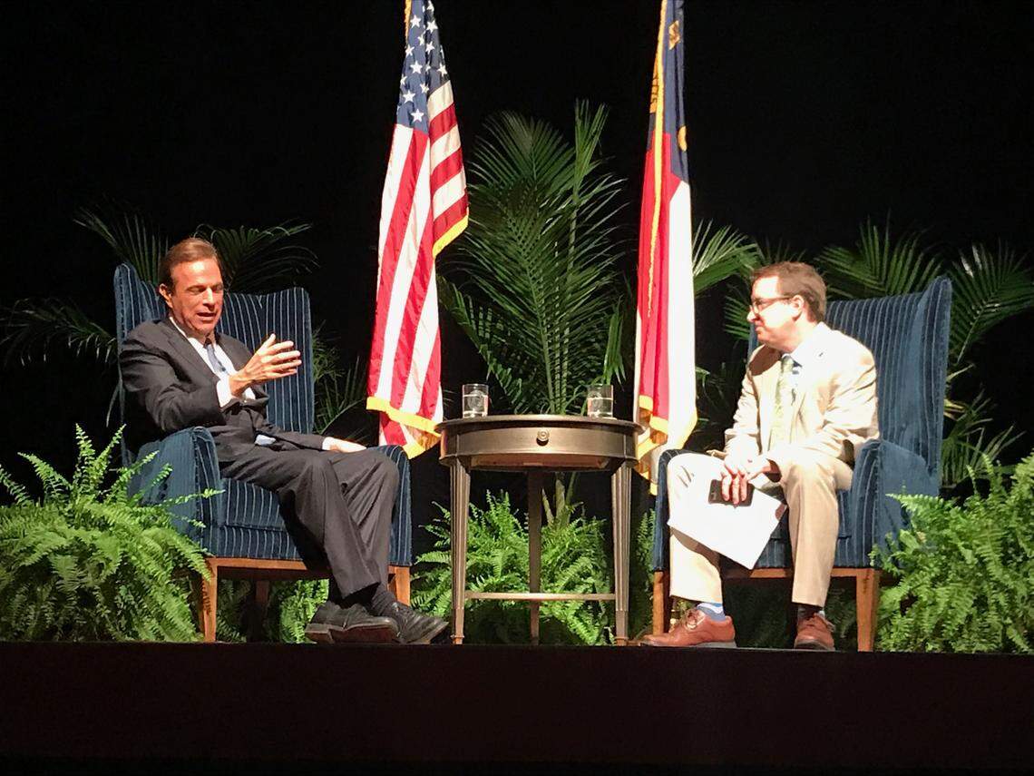 Presidential historian Michael Beschloss, left, talks with News & Observer politics editor Jordan Schrader on Tuesday, May 21, 2019 onstage at the Duke Energy Center for the Performing Arts. Beschloss was on tour for his newest book, Presidents of War.