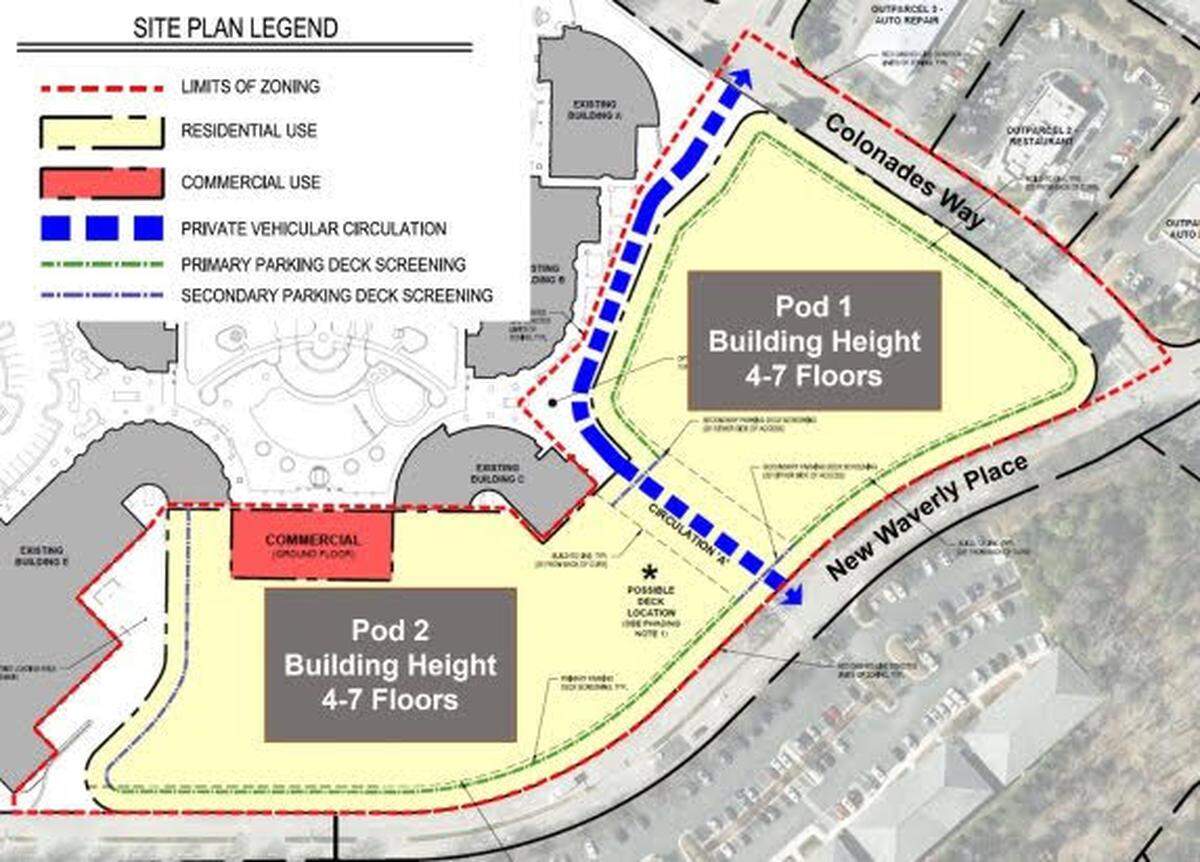 A map showing plans by Houston-based Hines to redevelop 7.74 acres of the 22.5-acre property at 2001 Kildaire Farm Road.