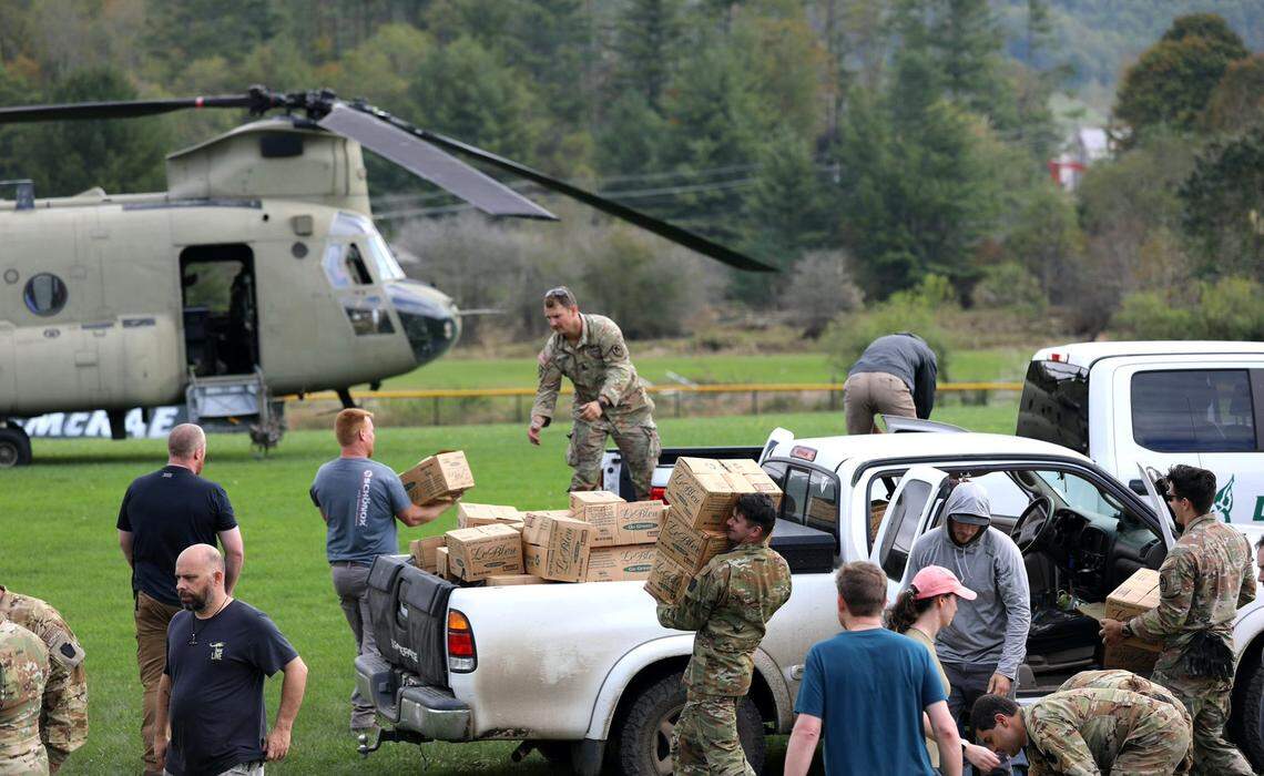 Connecticut, Maryland and North Carolina National Guard soldiers distribute food and water to local first responders in Avery County a few days after the remnants of Hurricane Helene hit Western North Carolina in the fall of 2024.