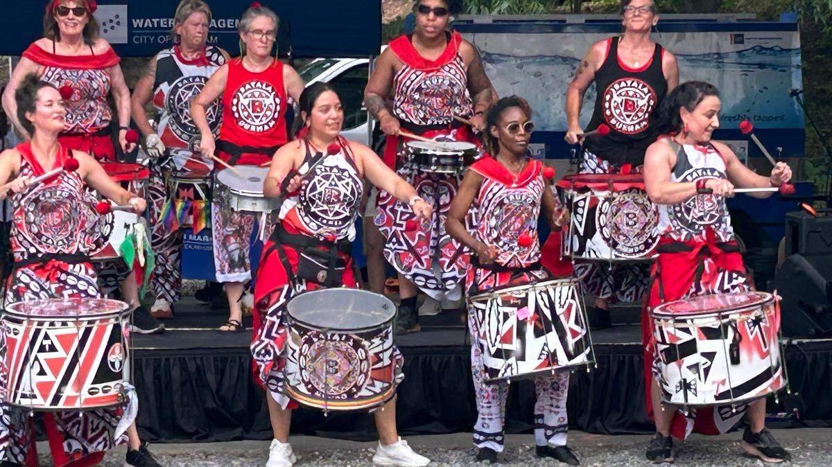 Batala Durham, a samba reggae band, performs at Durham Refugee Day.
