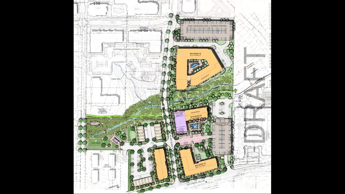 A site plan for 11 White Oak shows several four- and five-story buildings on 13 acres north of Old Chapel Hill Road in Chapel Hill. The project is expected to add up to 400 apartments and townhomes.