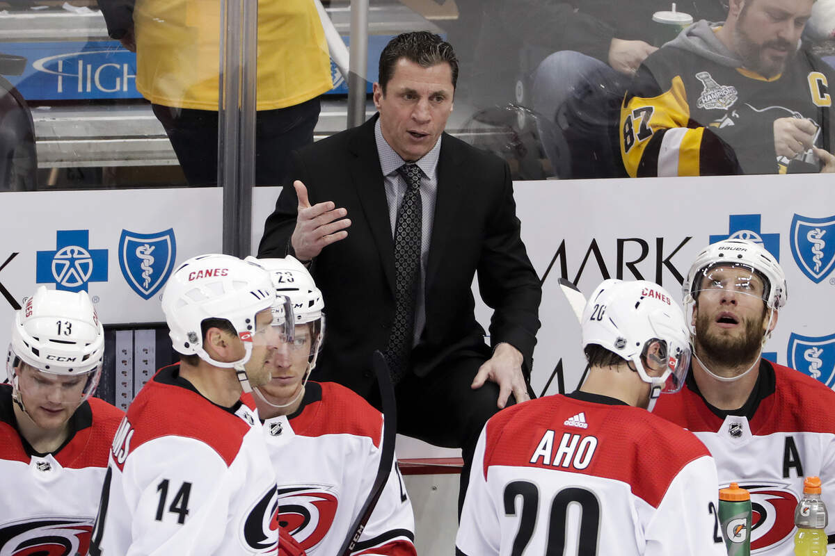 Carolina Hurricanes head coach Rod Brind’Amour gives instructions during the third period of an NHL hockey game against the Pittsburgh Penguins in Pittsburgh, Sunday, March 31, 2019. (AP Photo/Gene J. Puskar)