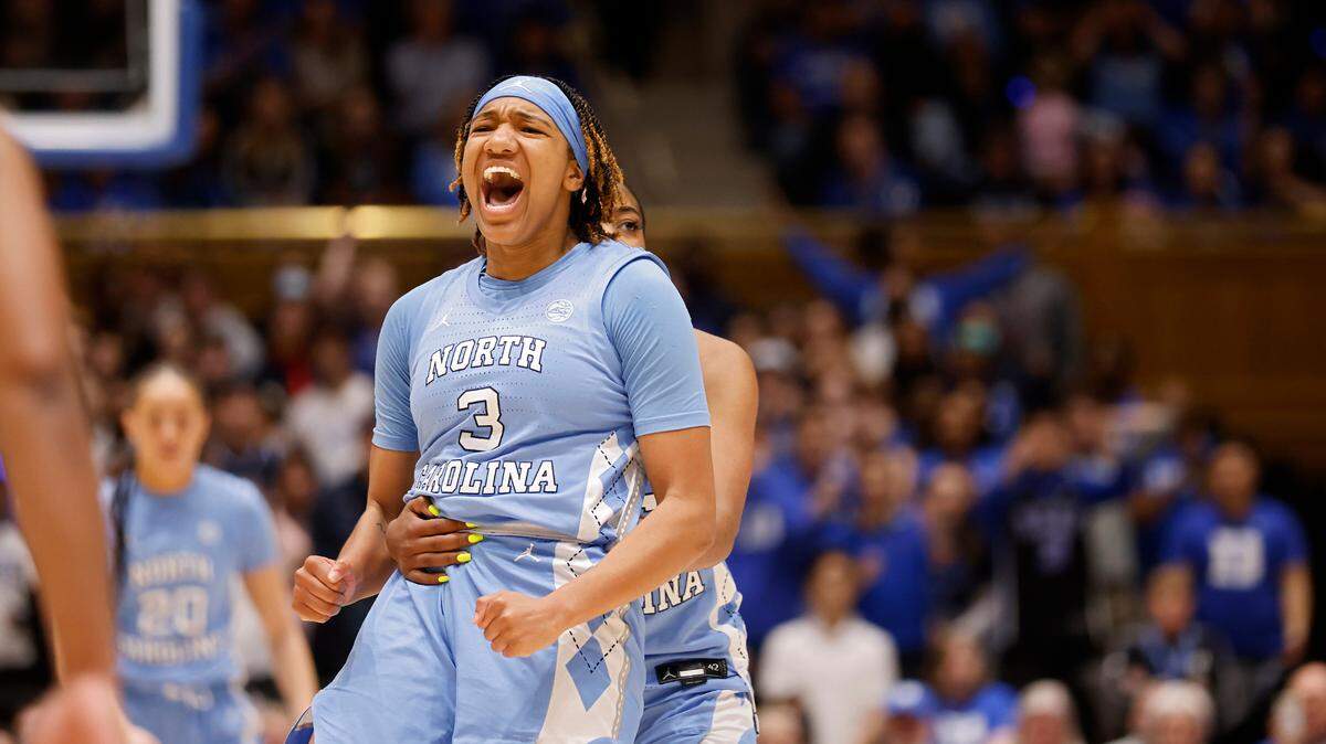 North Carolina’s Kennedy Todd-Williams reacts following a made basket during the second half of North Carolina’s 45-41 win over Duke on Sunday, Feb. 26, 2023, at Cameron Indoor Stadium in Durham, N.C.