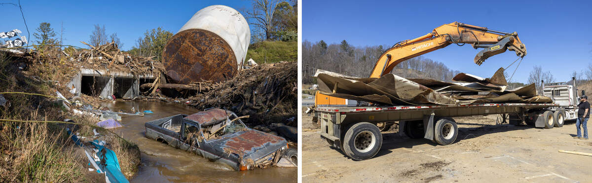 Flood waters from Hurricane Helene pushed a big white water tank (left) from the old Taylor Togs textile plant down Little Crabtree Creek where it sat for months as a symbol of the power of the flood. And at right, almost six months later, the last pieces of the tank are removed.