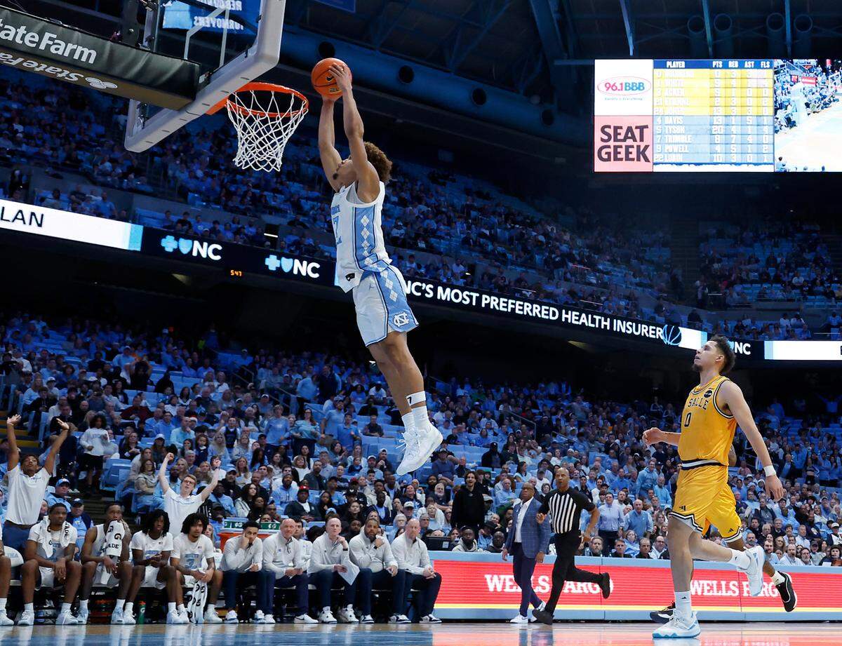 North Carolina’s Seth Trimble elevates for a breakaway dunk during the second half of the Tar Heels’ 93-67 win over La Salle on Saturday, Dec. 14, 2024, at the Smith Center in Chapel Hill, N.C.