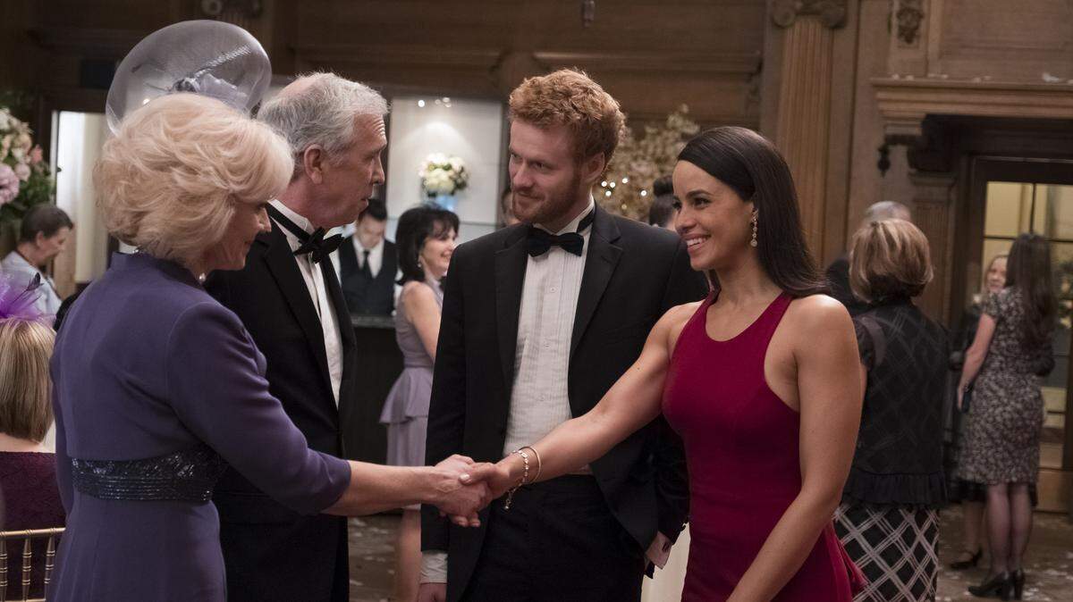 (L to R) Deborah Ramsay, Steve Coulter, Murray Fraser and Parisa Fitz-Henley star in "Harry & Meghan: A Royal Romance," premiering Sunday, May 13th on Lifetime.