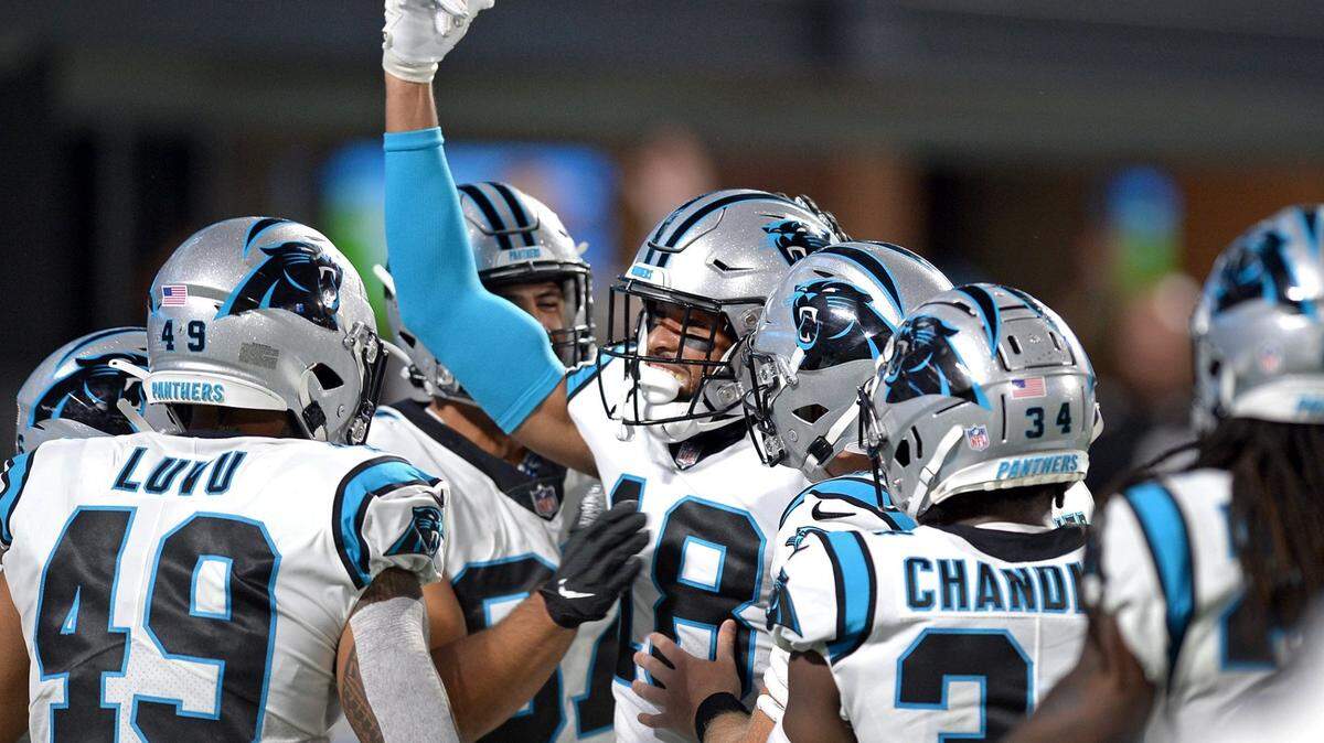 Carolina Panthers wide receiver Keith Kirkwood, center, is congratulated by his teammates after he recovered a fumble during second quarter action against the Pittsburgh Steelers at Bank of America Stadium in Charlotte, NC on Friday, August 27, 2021.