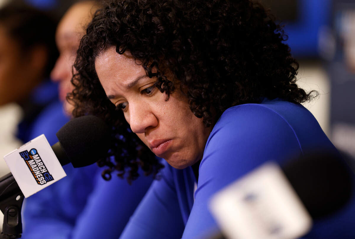 Duke head coach Kara Lawson listens to questions during a press conference following the Blue Devils’ 61-53 loss to Colorado in an NCAA Tournament second round game at Cameron Indoor Stadium on Monday, March 20, 2023, in Durham, N.C.