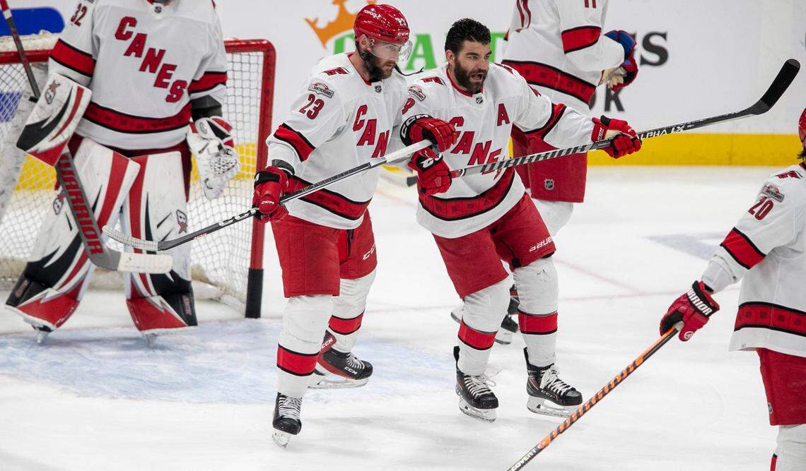The Carolina Hurricanes Stefan Noesen (23) and Jordan Martinook (48) take part in the pre-game skate ahead of Game 3 of the Eastern Conference Finals against the Florida Panthers on Monday, May 22, 2023 at FLA Live Arena in Sunrise, Fla.