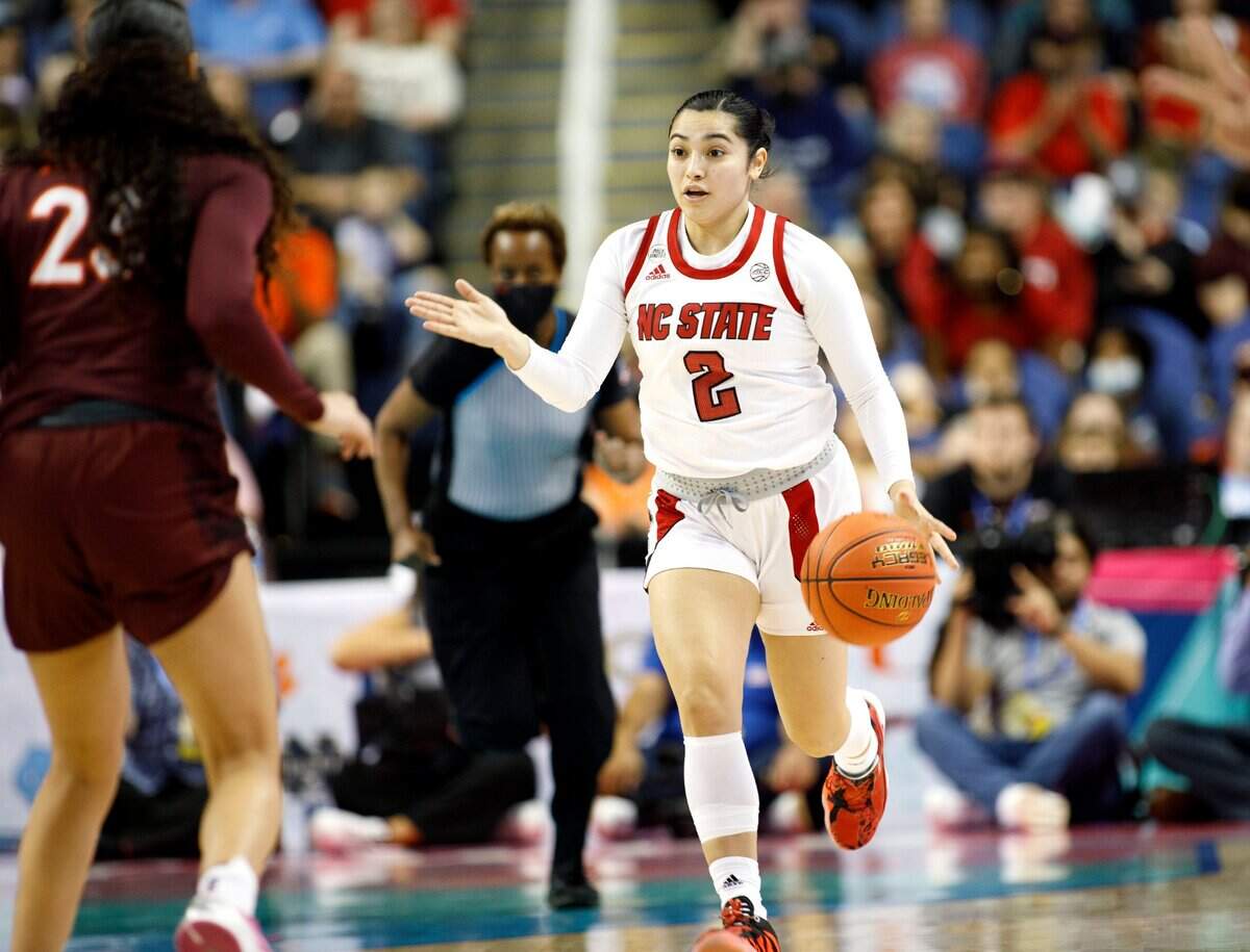 North Carolina State Raina Perez (2) directs her team during the second half of an NCAA college basketball game against Virginia Tech in the semifinals of the Atlantic Coast Conference women’s tournament in Greensboro, N.C., Saturday, March 5, 2022. (AP Photo/Lynn Hey)