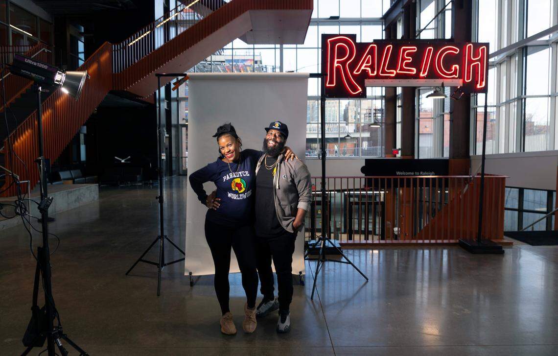 Briana and Roger Kornegay, who are @raleighfoodtrap on Instragram, pose at Raleigh Union Station in Raleigh, N.C., Friday, Jan. 6, 2023.