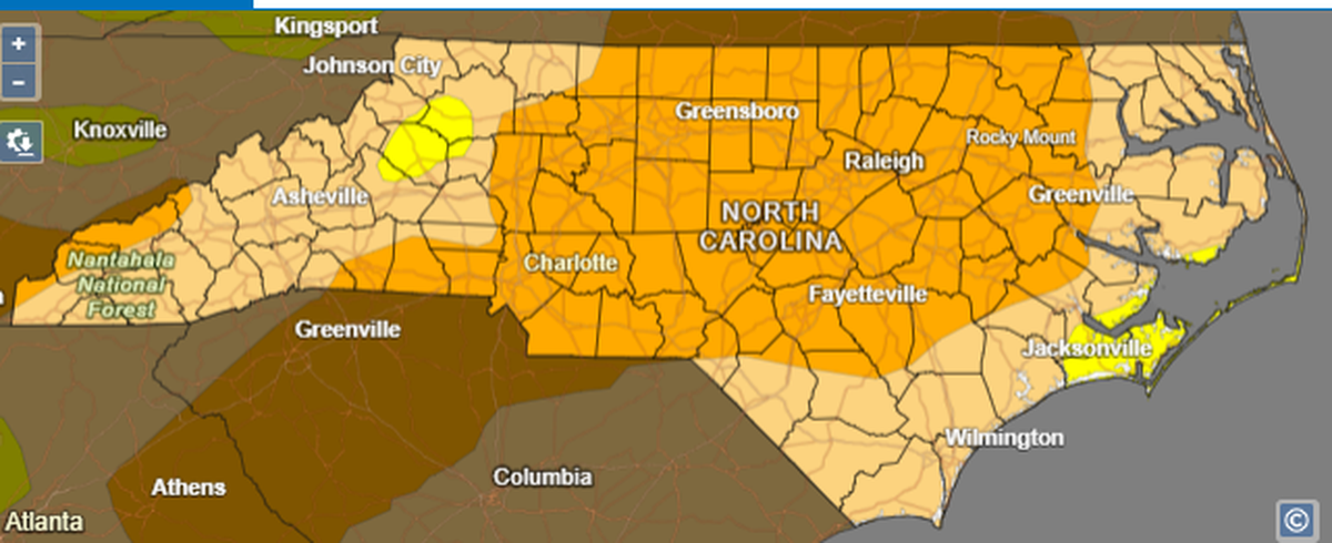 Nearly 97% of North Carolina is in moderate or severe drought after more than four months of below-average rain, and forecasters say it could be late spring before enough rain falls to improve conditions.  