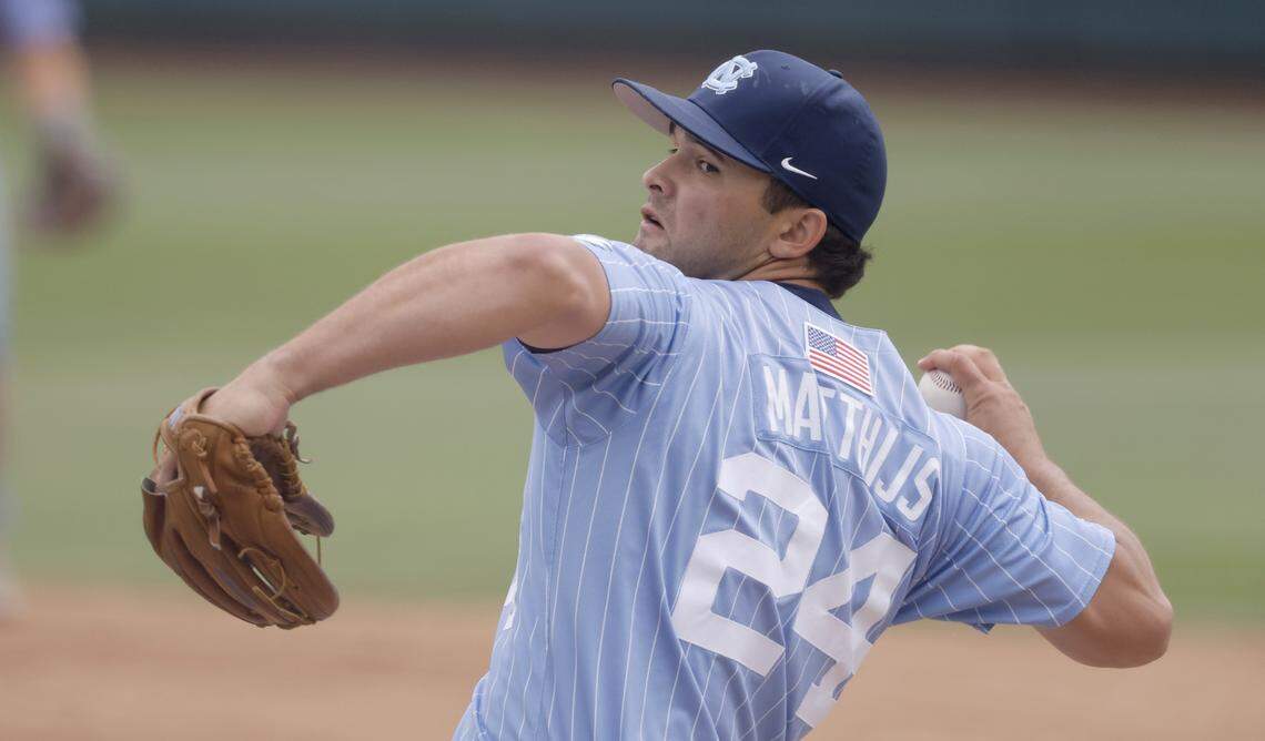 North Carolina's Matthew Matthijs (24) pitches during Georgia Tech’s 5-2 victory over UNC at Boshamer Stadium in Chapel Hill, N.C., Sunday, April 19, 2026.