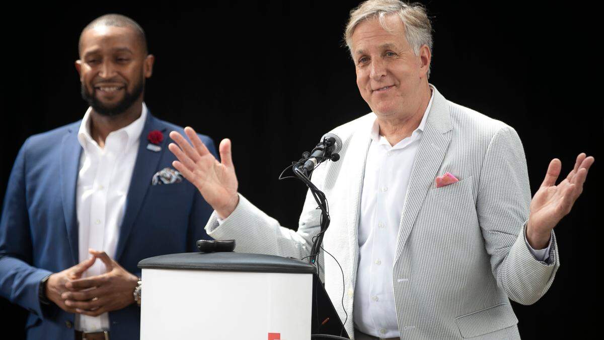 Scott Levitan, president and CEO of The Research Triangle Park Foundation describes the latest growth and development in the park during as event at the Boxyard on Friday, June 11, 2021 in Durham, N.C.