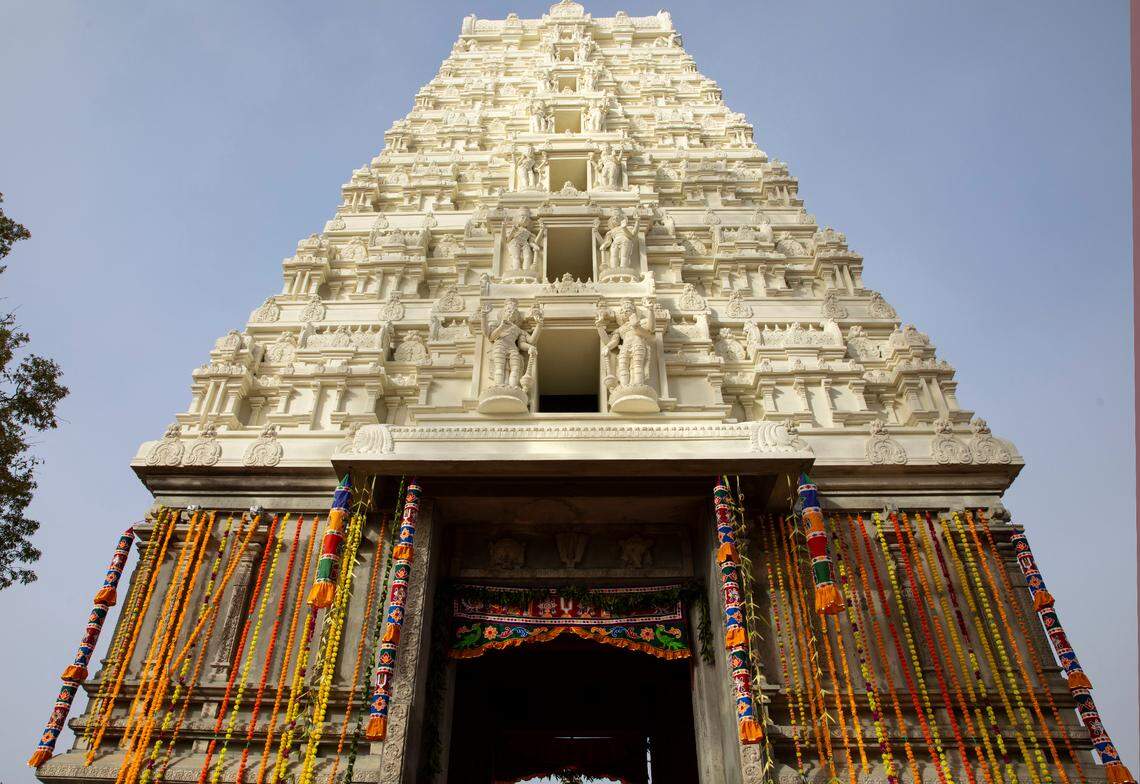 The new 87-foot Tower of Unity and Prosperity was officially unveiled Monday, Oct. 24, 2022 at the Sri Venkateswara Temple of North Carolina in Cary.