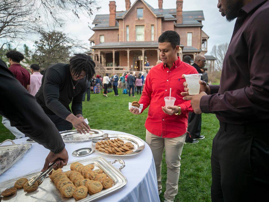 Members of the 2022 HBCU National Championship team from North Carolina Central University enjoy a reception on the lawn of The Executive Mansion on Wednesday, February 15, 2023 in Raleigh, N.C.